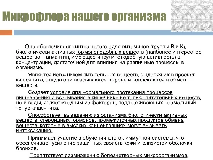 Микрофлора нашего организма Она обеспечивает синтез целого ряда витаминов (группы В