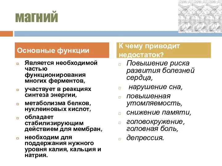 магний Является необходимой частью функционирования многих ферментов, участвует в реакциях синтеза