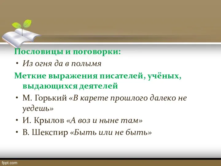 Пословицы и поговорки: Из огня да в полымя Меткие выражения писателей,