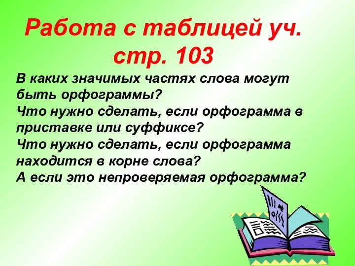 Работа с таблицей уч. стр. 103 В каких значимых частях слова