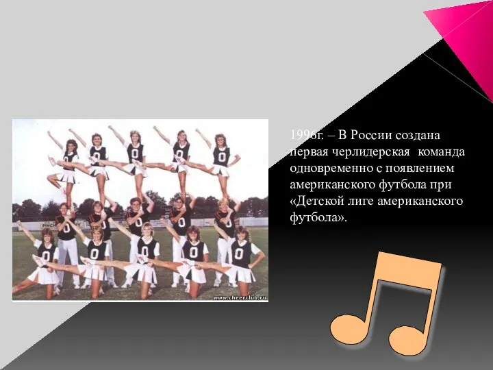 1996г. – В России создана первая черлидерская команда одновременно с появлением