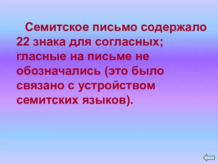 Семитское письмо содержало 22 знака для согласных; гласные на письме не