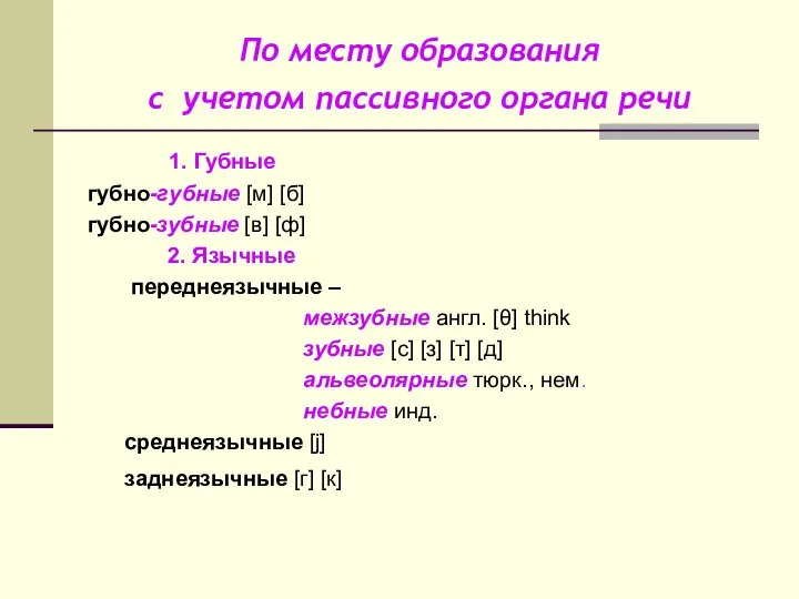 По месту образования с учетом пассивного органа речи 1. Губные губно-губные