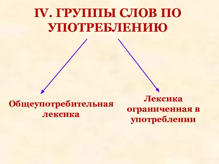 Лексика ограниченная в употреблении Общеупотребительная лексика ІV. ГРУППЫ СЛОВ ПО УПОТРЕБЛЕНИЮ