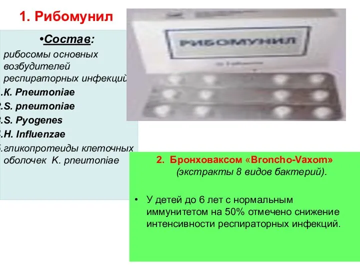 1. Рибомунил Состав: рибосомы основных возбудителей респираторных инфекций: К. Pneumoniae S.