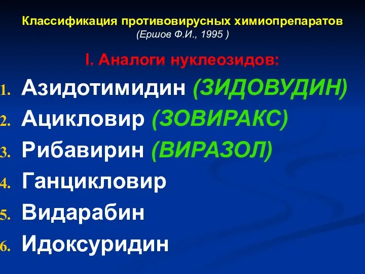 Классификация противовирусных химиопрепаратов (Ершов Ф.И., 1995 ) I. Аналоги нуклеозидов: Азидотимидин