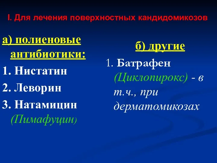 I. Для лечения поверхностных кандидомикозов а) полиеновые антибиотики: 1. Нистатин 2.