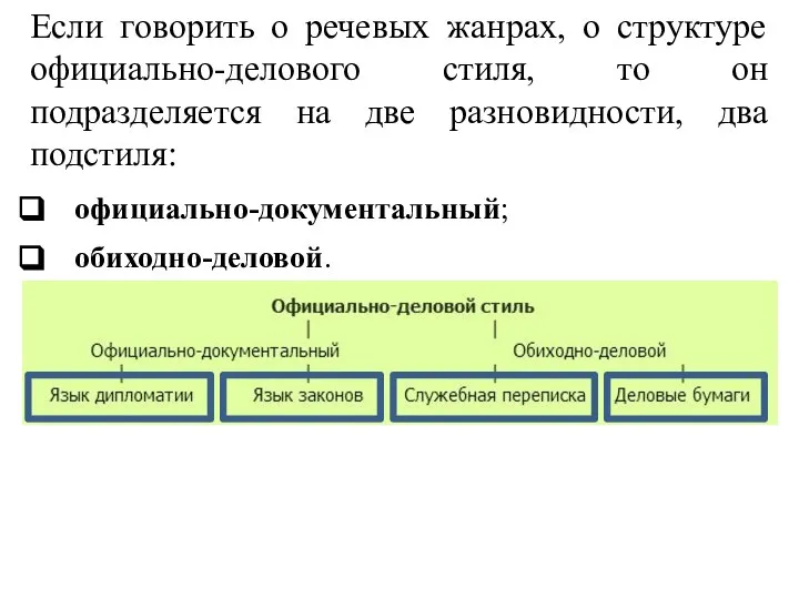 Если говорить о речевых жанрах, о структуре официально-делового стиля, то он