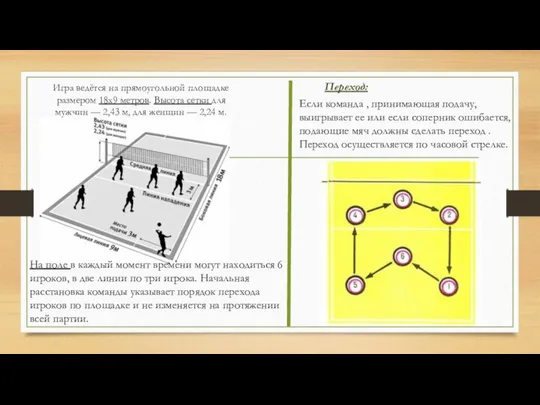 Игра ведётся на прямоугольной площадке размером 18х9 метров. Высота сетки для