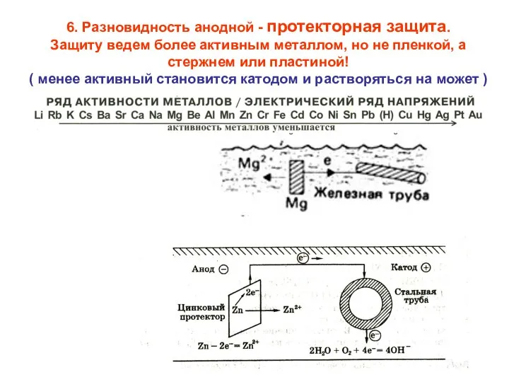 6. Разновидность анодной - протекторная защита. Защиту ведем более активным металлом,