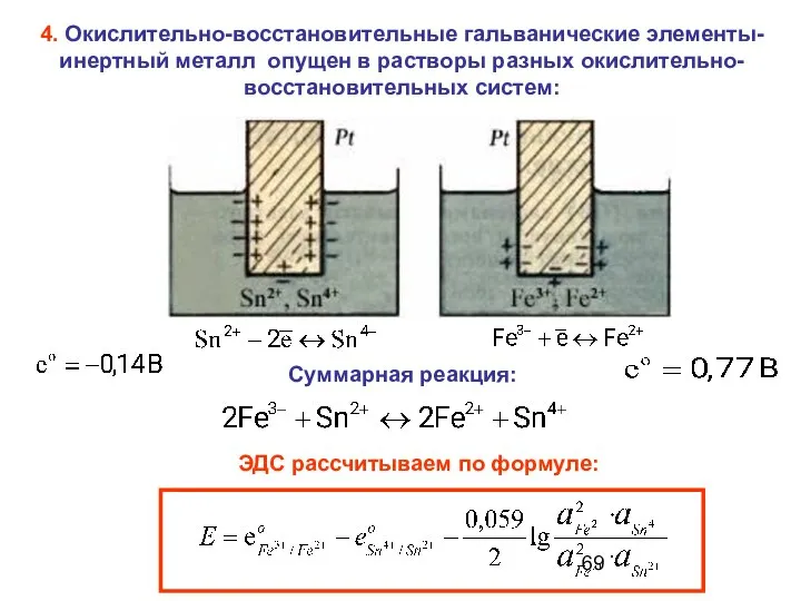 4. Окислительно-восстановительные гальванические элементы- инертный металл опущен в растворы разных окислительно-восстановительных