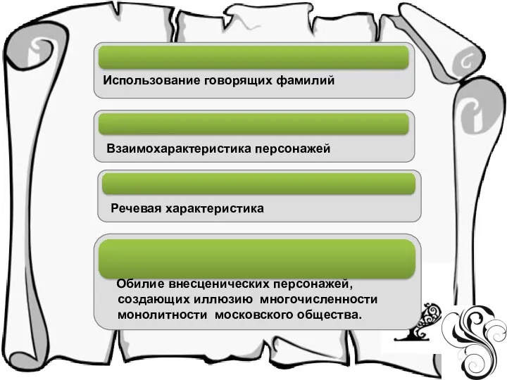 Использование говорящих фамилий Взаимохарактеристика персонажей Речевая характеристика Обилие внесценических персонажей, создающих иллюзию многочисленности монолитности московского общества.