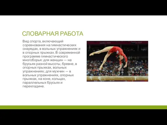 СЛОВАРНАЯ РАБОТА Вид спорта, включающий соревнования на гимнастических снарядах, в вольных