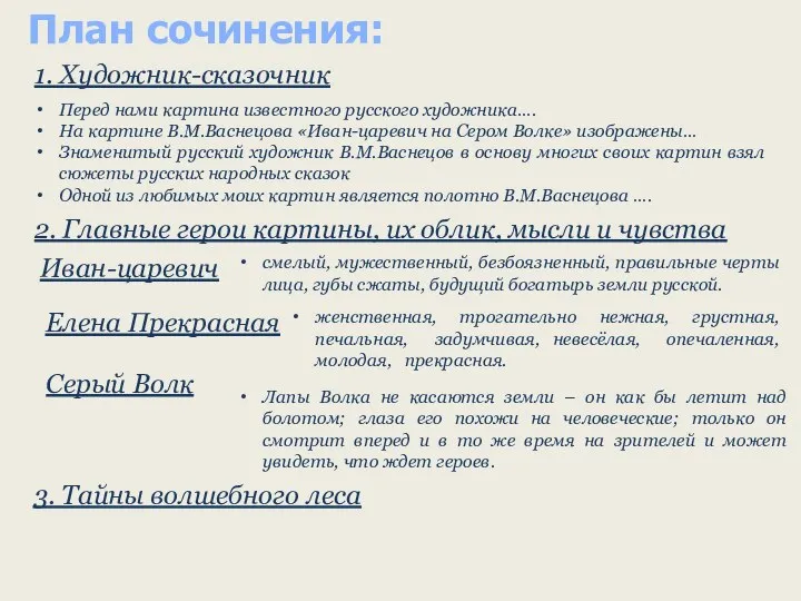 План сочинения: 1. Художник-сказочник Перед нами картина известного русского художника…. На