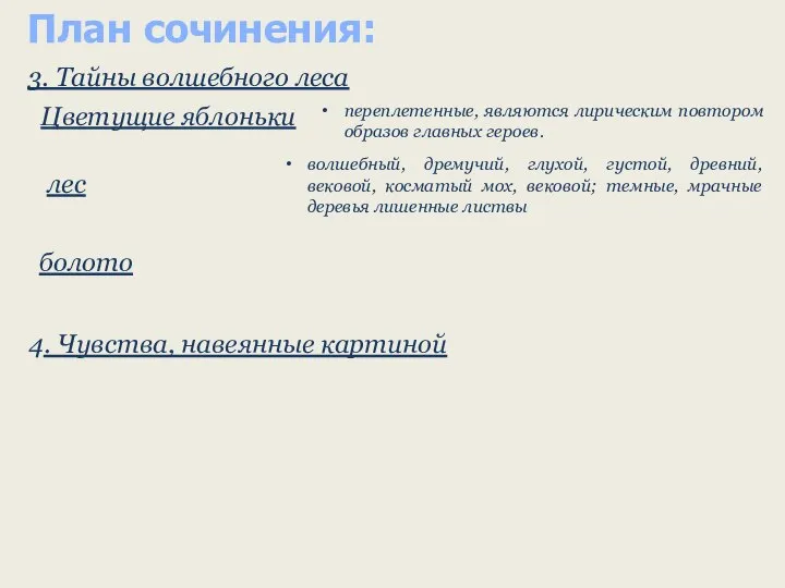 План сочинения: болото переплетенные, являются лирическим повтором образов главных героев. волшебный,