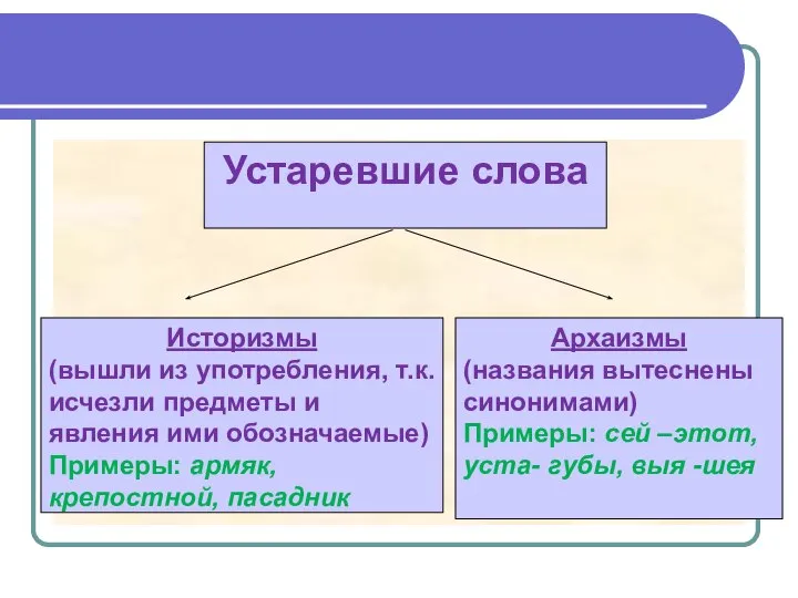 Историзмы (вышли из употребления, т.к. исчезли предметы и явления ими обозначаемые)