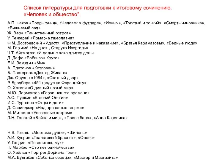 Список литературы для подготовки к итоговому сочинению. «Человек и общество". А.П.