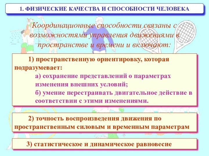 1. ФИЗИЧЕСКИЕ КАЧЕСТВА И СПОСОБНОСТИ ЧЕЛОВЕКА Координационные способности связаны с возможностями