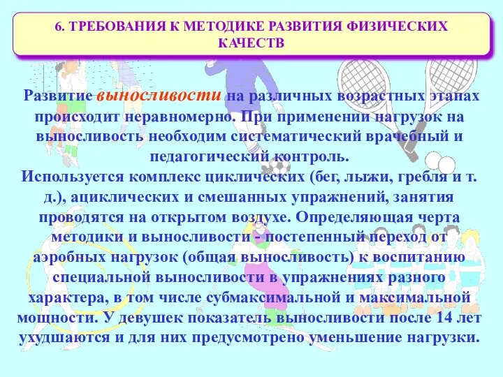 6. ТРЕБОВАНИЯ К МЕТОДИКЕ РАЗВИТИЯ ФИЗИЧЕСКИХ КАЧЕСТВ Развитие выносливости на различных