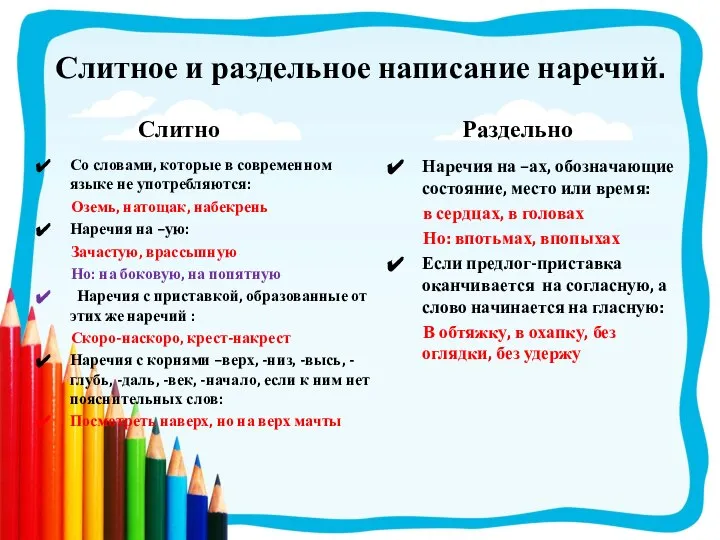 Слитное и раздельное написание наречий. Слитно Со словами, которые в современном