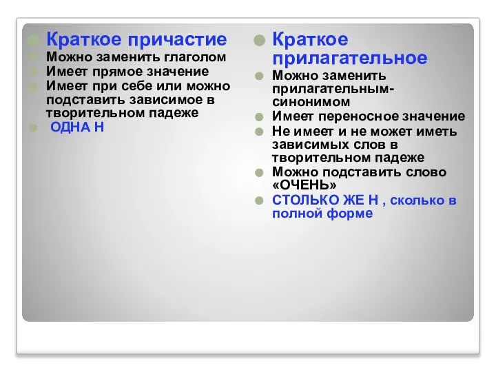 Краткое причастие Можно заменить глаголом Имеет прямое значение Имеет при себе