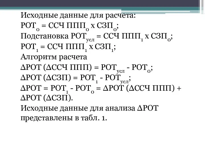 Исходные данные для расчета: РОТ0 = ССЧ ППП0 х СЗП0; Подстановка