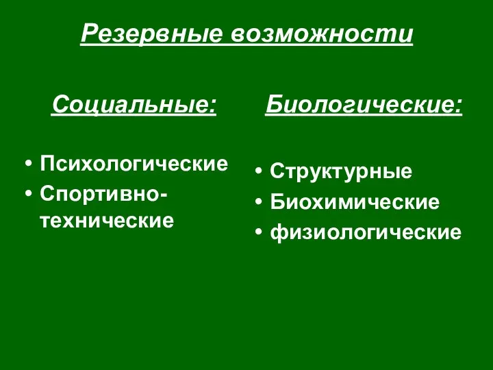 Резервные возможности Социальные: Психологические Спортивно-технические Биологические: Структурные Биохимические физиологические