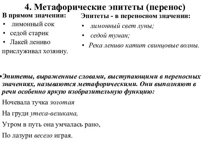 4. Метафорические эпитеты (перенос) В прямом значении: лимонный сок седой старик