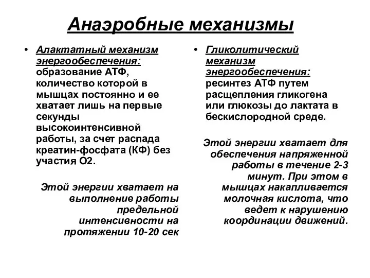 Анаэробные механизмы Алактатный механизм энергообеспечения: образование АТФ, количество которой в мышцах