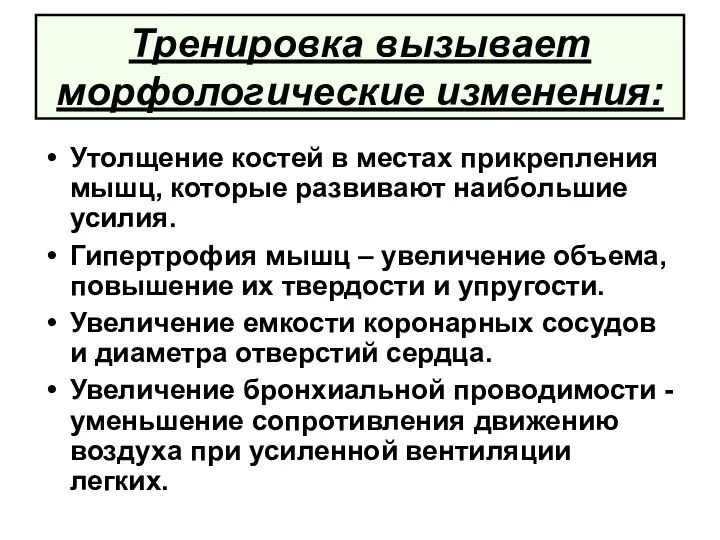 Тренировка вызывает морфологические изменения: Утолщение костей в местах прикрепления мышц, которые