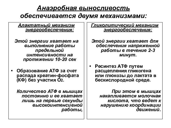 Анаэробная выносливость обеспечивается двумя механизмами: Алактатный механизм энергообеспечения: Этой энергии хватает