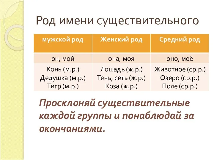 Род имени существительного Просклоняй существительные каждой группы и понаблюдай за окончаниями.