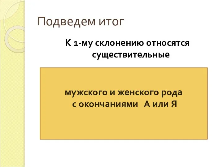 Подведем итог К 1-му склонению относятся существительные мужского и женского рода с окончаниями А или Я