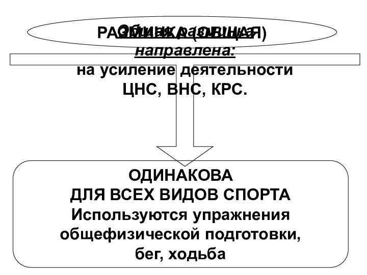 РАЗМИНКА (ОБЩАЯ) ОДИНАКОВА ДЛЯ ВСЕХ ВИДОВ СПОРТА Используются упражнения общефизической подготовки,