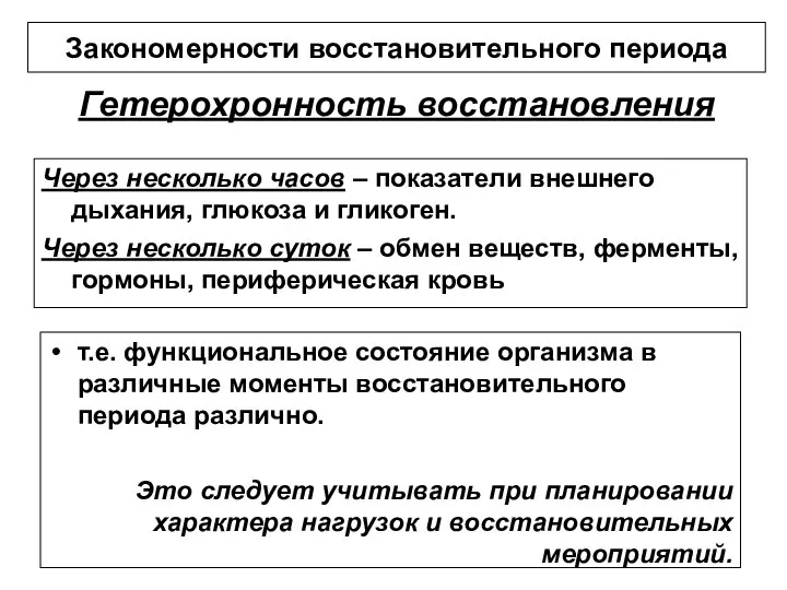 Гетерохронность восстановления т.е. функциональное состояние организма в различные моменты восстановительного периода