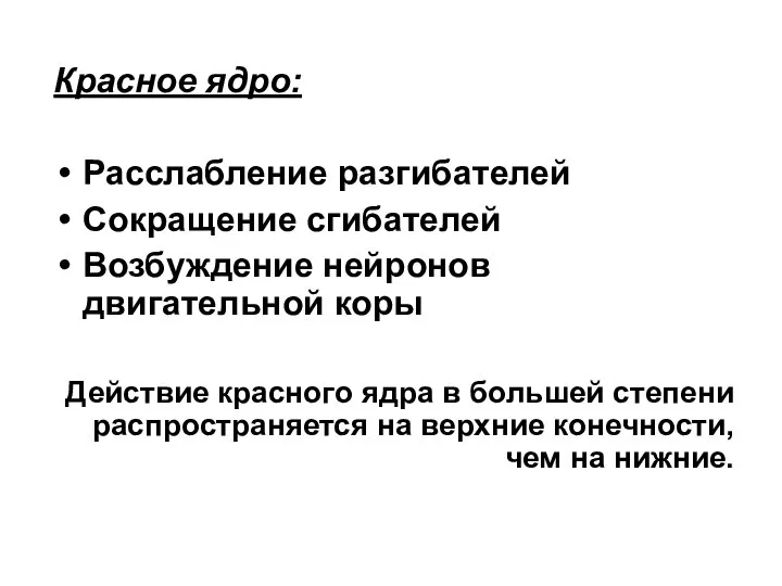 Красное ядро: Расслабление разгибателей Сокращение сгибателей Возбуждение нейронов двигательной коры Действие