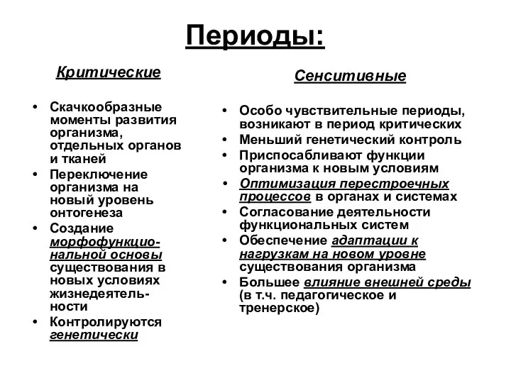 Периоды: Критические Скачкообразные моменты развития организма, отдельных органов и тканей Переключение