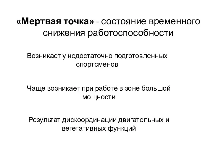 «Мертвая точка» - состояние временного снижения работоспособности Возникает у недостаточно подготовленных