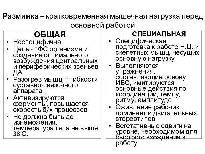 Разминка – кратковременная мышечная нагрузка перед основной работой ОБЩАЯ Неспецифична Цель