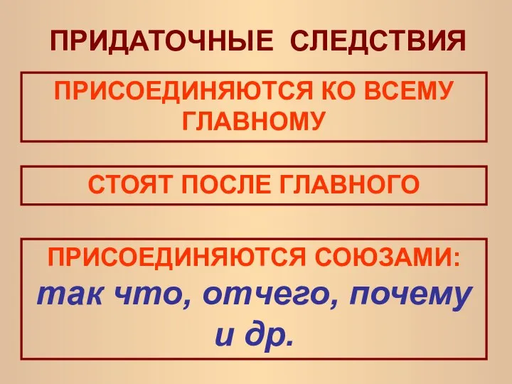 ПРИДАТОЧНЫЕ СЛЕДСТВИЯ ПРИСОЕДИНЯЮТСЯ КО ВСЕМУ ГЛАВНОМУ СТОЯТ ПОСЛЕ ГЛАВНОГО ПРИСОЕДИНЯЮТСЯ СОЮЗАМИ: