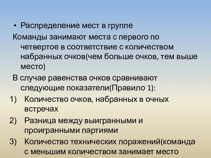 Распределение мест в группе Команды занимают места с первого по четвертое