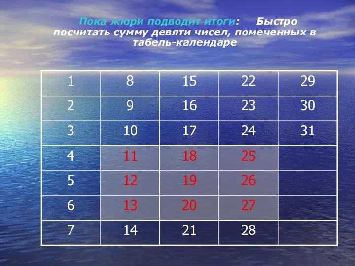 Пока жюри подводит итоги: Быстро посчитать сумму девяти чисел, помеченных в табель-календаре