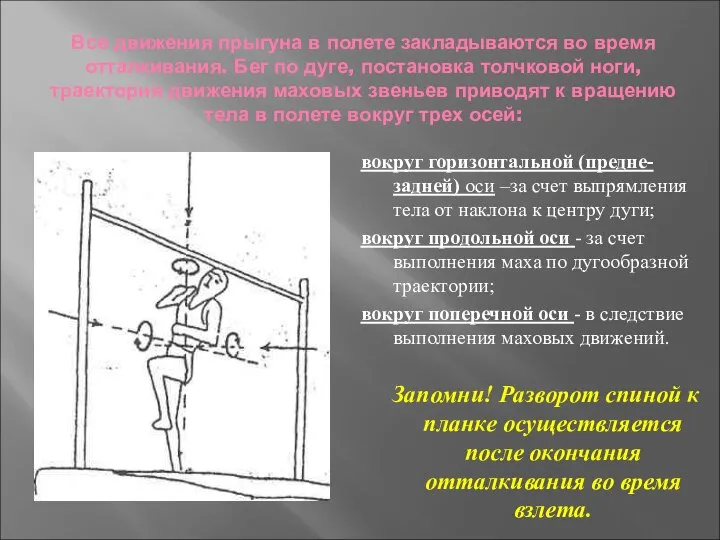 Все движения прыгуна в полете закладываются во время отталкивания. Бег по