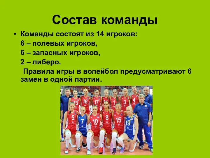 Состав команды Команды состоят из 14 игроков: 6 – полевых игроков,