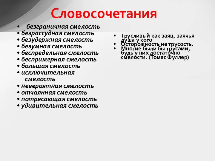 Словосочетания безграничная смелость • безрассудная смелость • безудержная смелость • безумная