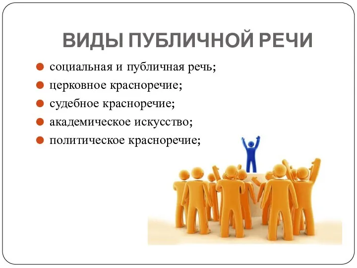 ВИДЫ ПУБЛИЧНОЙ РЕЧИ социальная и публичная речь; церковное красноречие; судебное красноречие; академическое искусство; политическое красноречие;