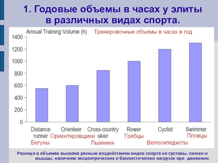 1. Годовые объемы в часах у элиты в различных видах спорта.