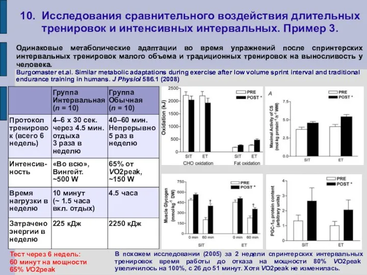 10. Исследования сравнительного воздействия длительных тренировок и интенсивных интервальных. Пример 3.