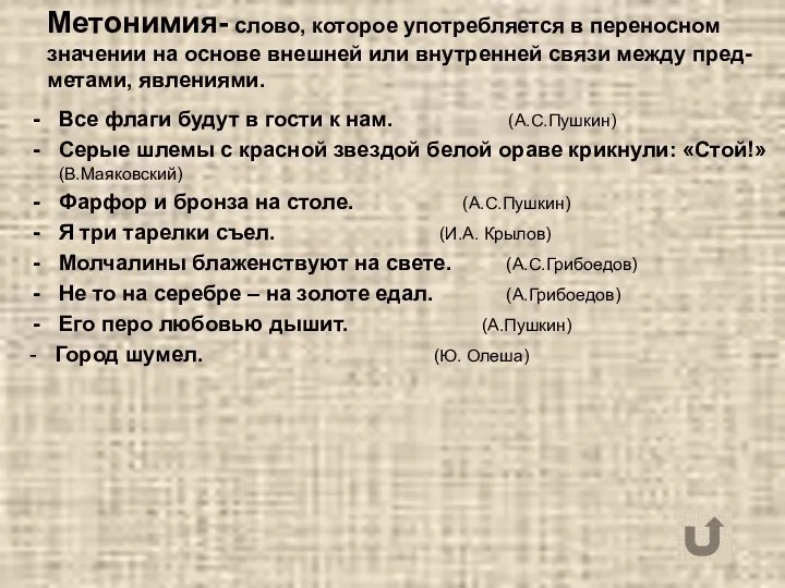 Метонимия- слово, которое употребляется в переносном значении на основе внешней или