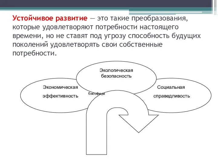 Устойчивое развитие — это такие преобразования, которые удовлетворяют потребности настоящего времени,